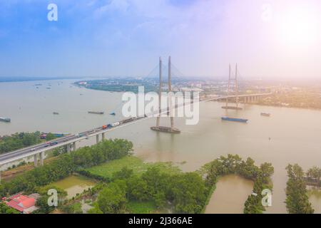 Aerial view of My Thuan bridge, cable-stayed bridge connecting the provinces of Tien Giang and Vinh Long, Vietnam. Famous beautiful bridge of Mekong D Stock Photo