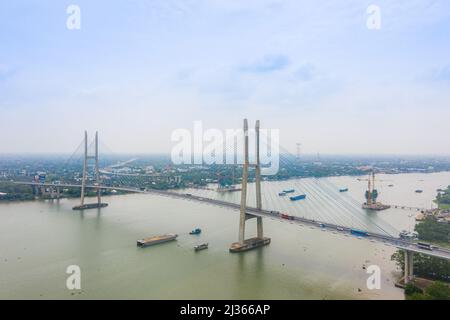 Aerial view of My Thuan bridge, cable-stayed bridge connecting the provinces of Tien Giang and Vinh Long, Vietnam. Famous beautiful bridge of Mekong D Stock Photo