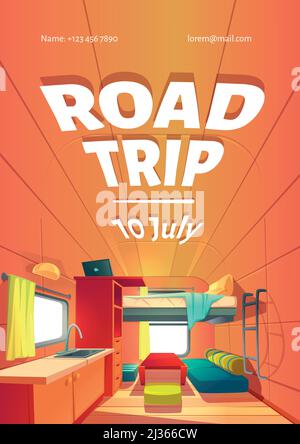 Road trip cartoon ad poster with camping trailer car interior, Rv motor home room with loft bed, couch, kitchen sink and window. advertising banner fo Stock Vector