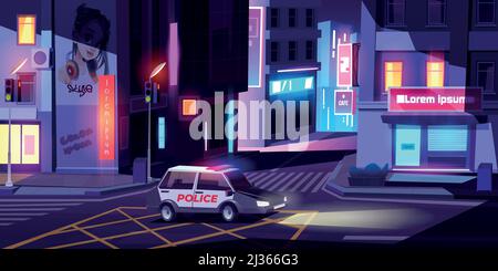 Night police patrol department car with signaling riding empty city street with buildings, glowing neon signboards, road crosswalk and traffic lights. Stock Vector