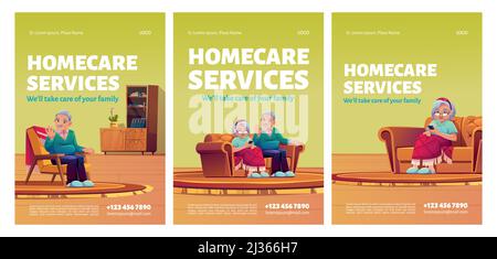 Homecare services posters. Social aid and care for old patients at home concept. Happy senior couple man and woman sitting in armchair or sofa in thei Stock Vector