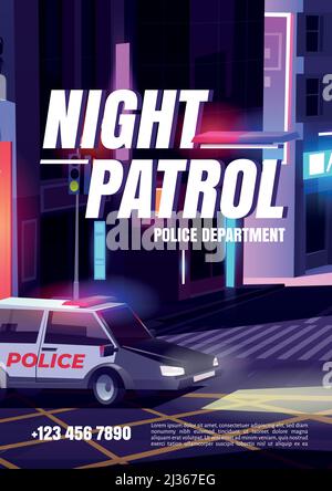 Night patrol cartoon poster with police department car with signaling riding night city street with houses, empty road crosswalk and traffic lights. O Stock Vector