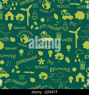 Earth day hand drawn doodles seamless pattern background. Ecology symbols vector illustration. Perfect for wallpaper, textile and fashion print. Stock Vector