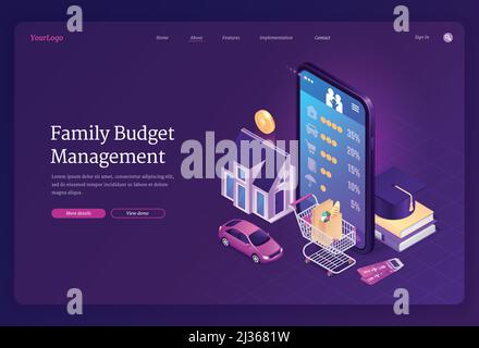 Family budget management isometric landing page. Mobile phone application for financial planning, money income and expenses analytic. Mobile, trolley, Stock Vector