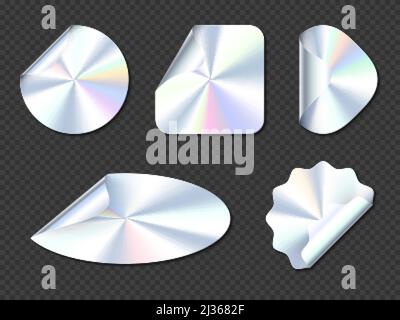 Holographic stickers, hologram labels with curl edges. Round, square, oval, rhombus and wavy iridescent foil or silver colored blank rainbow shiny emb Stock Vector