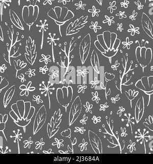 Wild grass seamless pattern. Hand drawn grunge flowers on gray background. Vector illustration. Stock Vector