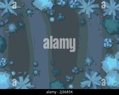 Night tropic plant landscape top view. Wild palm trees and bushes. Dark twilight jungle rainforest. Illustration forest in flat design. Vector Stock Vector