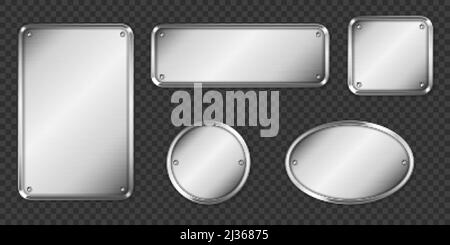 Steel or silver plates, name plaques empty mockup. Metal grey identification tags or badges, round, oval and rectangular frame for nameplate isolated Stock Vector