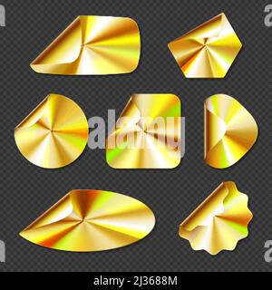 Holographic golden stickers, labels with gold gradient texture isolated on transparent background. Vector realistic set of blank hologram emblems diff Stock Vector