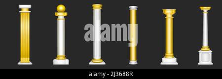 Ancient roman columns, gold and white marble architecture decor. Vector realistic set of 3d antique greek white stone pillars with golden capitals iso Stock Vector