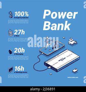 Power bank poster. External battery, portable charger for mobile phone and digital devices. Vector isometric illustration of powerbank for charge smar Stock Vector