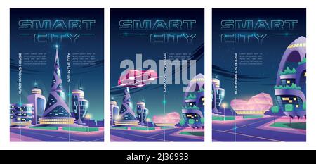 Smart city posters with night town with skyscrapers, futuristic buildings and car. Vector flyer of future city infrastructure with unmanned vehicle, a Stock Vector