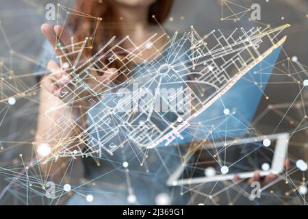 A 3D Neural network illustration. Big data and cybersecurity on a smartphone held by a woman Stock Photo