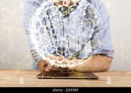 An Abstract futuristic, Molecules technology with polygonal shapes on a tablet with blurred male Stock Photo