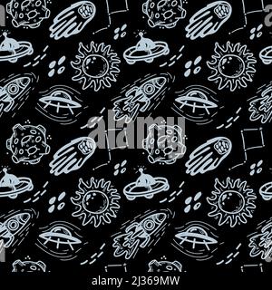 Seamless drawing of flying transport, planets, comets and stars. Vector in cartoon style. Rocket, flying saucer. Space objects on black background. Ca Stock Vector