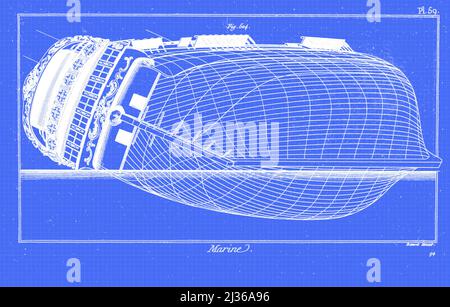 Ship design and blueprints From the Encyclopédie méthodique Maritime Encyclopedia Publisher Paris : Panckoucke ; Liège : Plomteux in 1787 containing drawings and blueprints of shipbuilding,  and Illustrations of maritime subjects plates drawn by Benard direxit Stock Photo