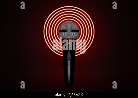 microphone, round shape model o neon background, realistic  3d illustration. music award, karaoke, radio and recording studio sound equipment Stock Photo