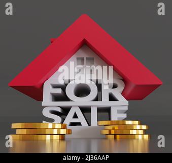 Home for sale real estate concept. Text FOR SALE with cottage style roof on top of it. With piles of golden coins in front of it. 3D rendering Stock Photo