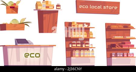 Eco local store furniture and products isolated on white background. Vector cartoon set of organic grocery shop interior with wooden counter and shelv Stock Vector