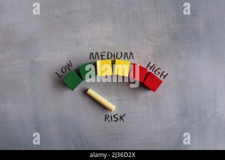 Colorful wooden cubes and chalkboard. Risk indicator, risk meter ...