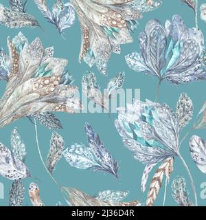 Seamless texture with feathers, flowers and crystals for textile and wallpaper design Stock Photo