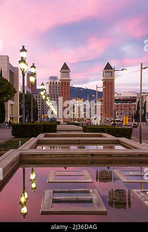 Beautiful towers on the Plaza of Spain in Barcelona. Stock Photo