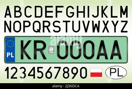 Poland car license plate for electric green cars, letters, numbers and symbols, vector illustration Stock Vector