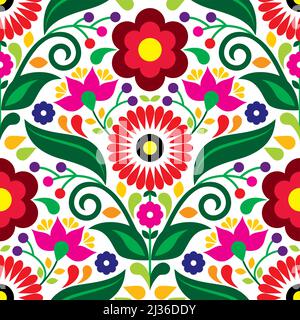 Mexican folk art seamless vector pattern with flowers and leaves, textile or fabric print design inspired by traditional embroidery crafts from Mexico Stock Vector