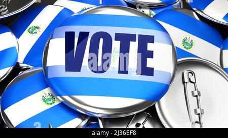 El Salvador and Vote - dozens of pinback buttons with a flag of El Salvador and a word Vote. 3d render symbolizing upcoming Vote in this country., 3d Stock Photo