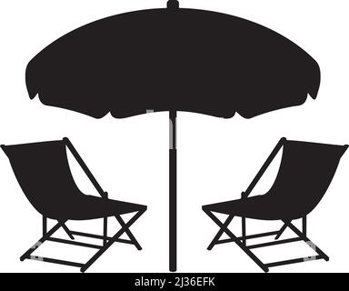 Beach Chairs and Umbrella black and white. Vector illustration. Stock Vector