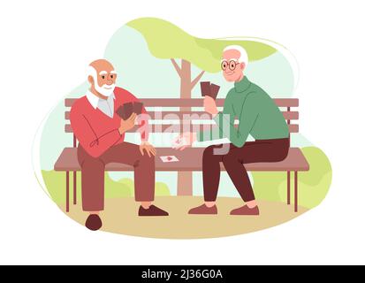 Men of retirement age have fun playing cards together in the park on a bench. Old friends have fun playing card board games. Flat vector illustration, isolated Stock Vector