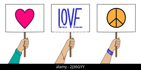 Protesters hand holding banner with heart, love, and peace sign. Vector set of protesting placards. Stock Vector