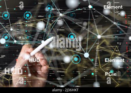 A 3D render of a Neural network. Big data and cybersecurity with blurred fingers with a dark theme Stock Photo