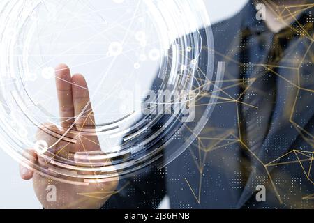A businessman touching a digital screen with Speed Networking definition with waves and communication Stock Photo