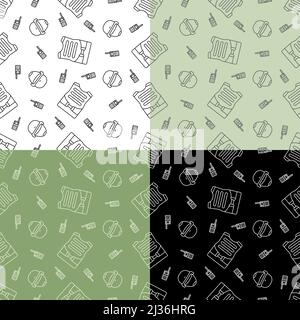 set of seamless patterns with soldier helmet, bulletproof vest and radio station. Ornament for decoration and printing on fabric. Design element. Vect Stock Vector