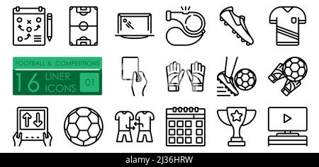 Football and sports competitions. Boots, uniform, soccer ball. Prize for winning the competition. Set of simple linear icons Stock Vector