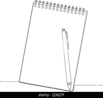 hand-drawn single line notepad and pen isolated on white background, continuous line vector illustration Stock Vector