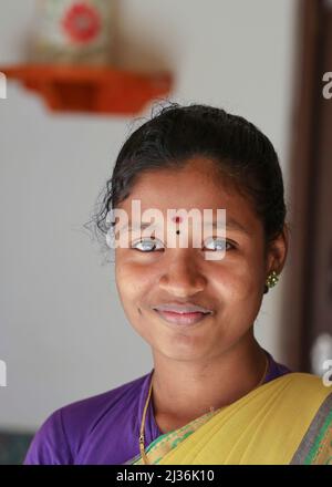 Portrait of young Indian woman at the Chidambara Vilas  luxury heritage resort, Chettinad, Tamil Nadu, India Stock Photo