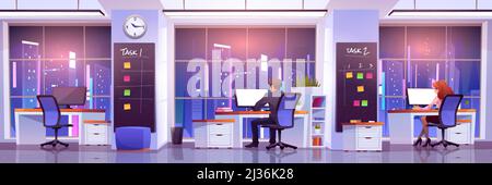 Office workers at workplace at night time. Business people man and woman rear view sitting at desks work on computers front of wide floor-to-ceiling w Stock Vector