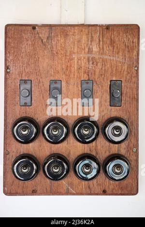 Vintage electric switch board on the wall at the Chidambara Vilas  luxury heritage resort, Chettinad,Kadiapatti,  Tamil Nadu, India Stock Photo