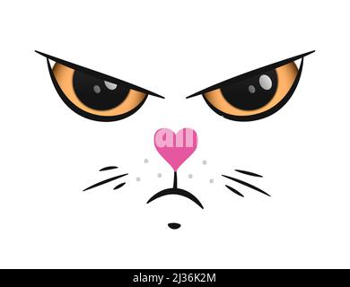 Funny angry cat face with a pink heart nose, doodle style vector portrait. Stock Vector