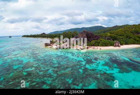 Aerial view of Anse Source D'argent beach at the La Digue Island, Seychelles Stock Photo