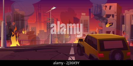 Car drives on road to city ruins with broken houses and fire. Vector cartoon illustration of SUV on street with destroyed and burning buildings after Stock Vector