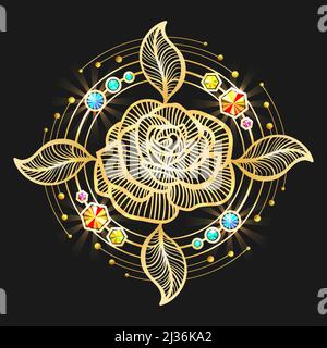Golden Rose Flower with Gemstones Isolated on Black. Vector illustration. Stock Vector