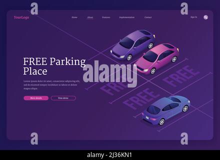 Free parking place banner. Car park zone with free empty lots. Vector landing page of public allowed area for vehicles with isometric illustration of Stock Vector