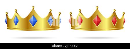 Vector set of golden crowns with blue and red stones, isolated on white background. Stock Vector