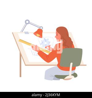 Engineer drawing engineering plan on paper with pencil and ruler, drafting model project Stock Vector