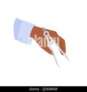 Engineers hand holding compass to measure length on drawing, professional worker training Stock Vector