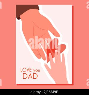 Fathers day greeting card with love you dad text, kids hand giving red heart to daddy Stock Vector