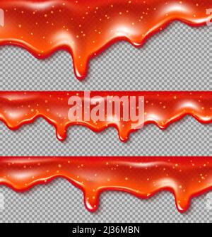 Dripping chili sauce drops, liquid ketchup red splashes with particles. Glossy drip seamless border with chilli sauce droplets, flow texture isolated Stock Vector